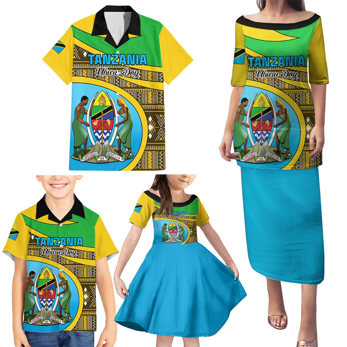 Personalised Tanzania Independence Day Family Matching Puletasi Dress and Hawaiian Shirt Tanzanian Coat Of Arms African Pattern - Wonder Print Shop