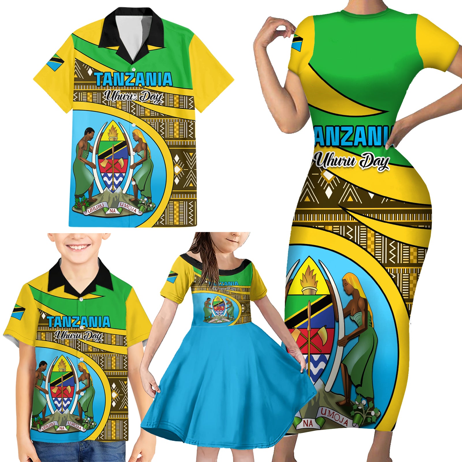 Personalised Tanzania Independence Day Family Matching Short Sleeve Bodycon Dress and Hawaiian Shirt Tanzanian Coat Of Arms African Pattern - Wonder Print Shop