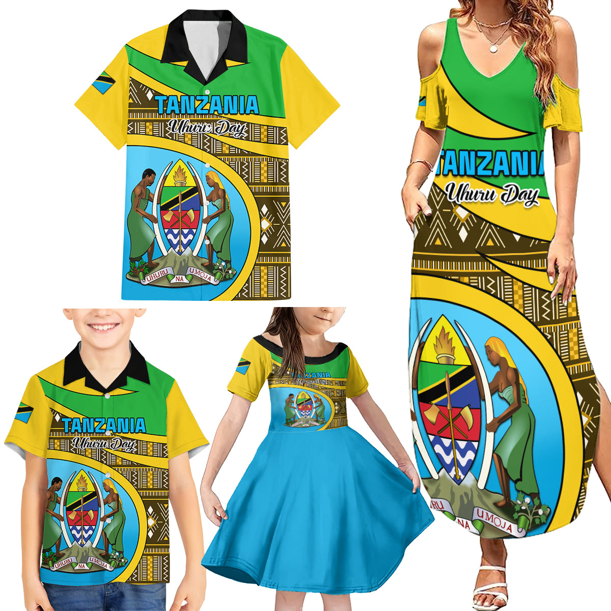 Personalised Tanzania Independence Day Family Matching Summer Maxi Dress and Hawaiian Shirt Tanzanian Coat Of Arms African Pattern - Wonder Print Shop