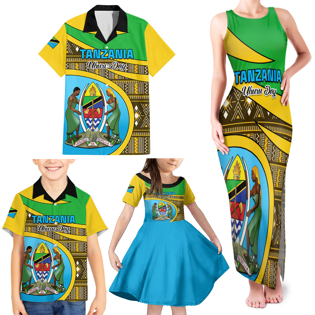 Personalised Tanzania Independence Day Family Matching Tank Maxi Dress and Hawaiian Shirt Tanzanian Coat Of Arms African Pattern - Wonder Print Shop