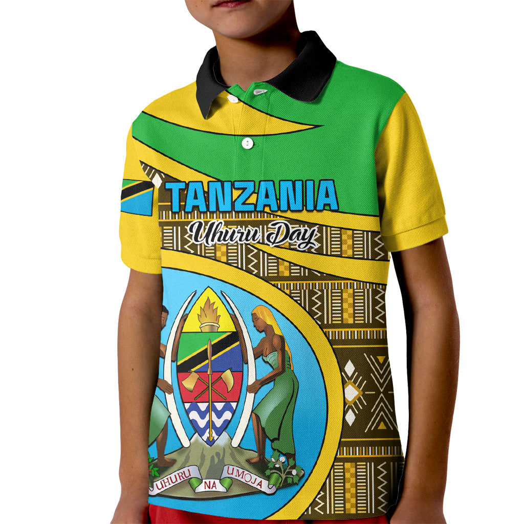 Personalised Tanzania Independence Day Kid Polo Shirt Tanzanian Coat Of Arms African Pattern - Wonder Print Shop