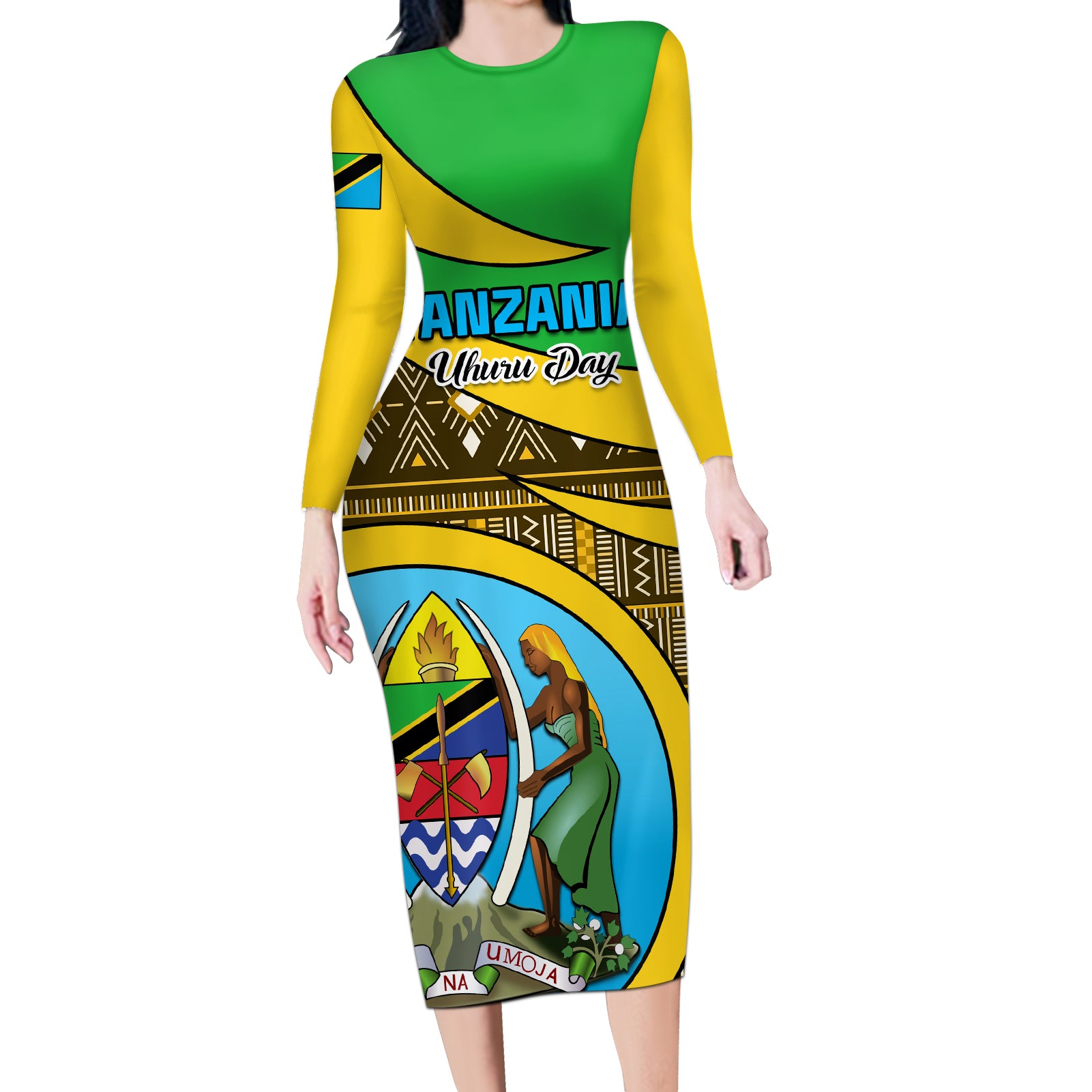 Personalised Tanzania Independence Day Long Sleeve Bodycon Dress Tanzanian Coat Of Arms African Pattern - Wonder Print Shop