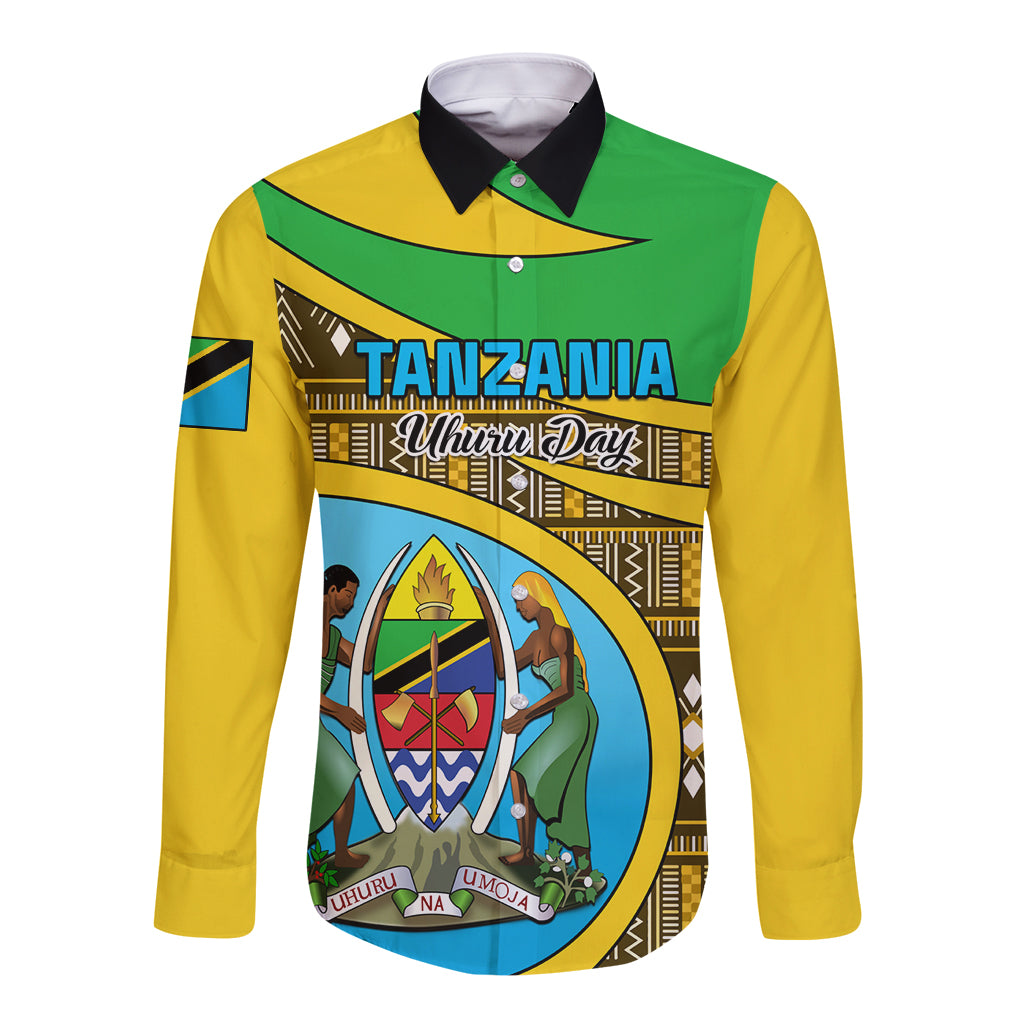 Long-sleeve button shirt with green, yellow, and blue Tanzania graphic on front
