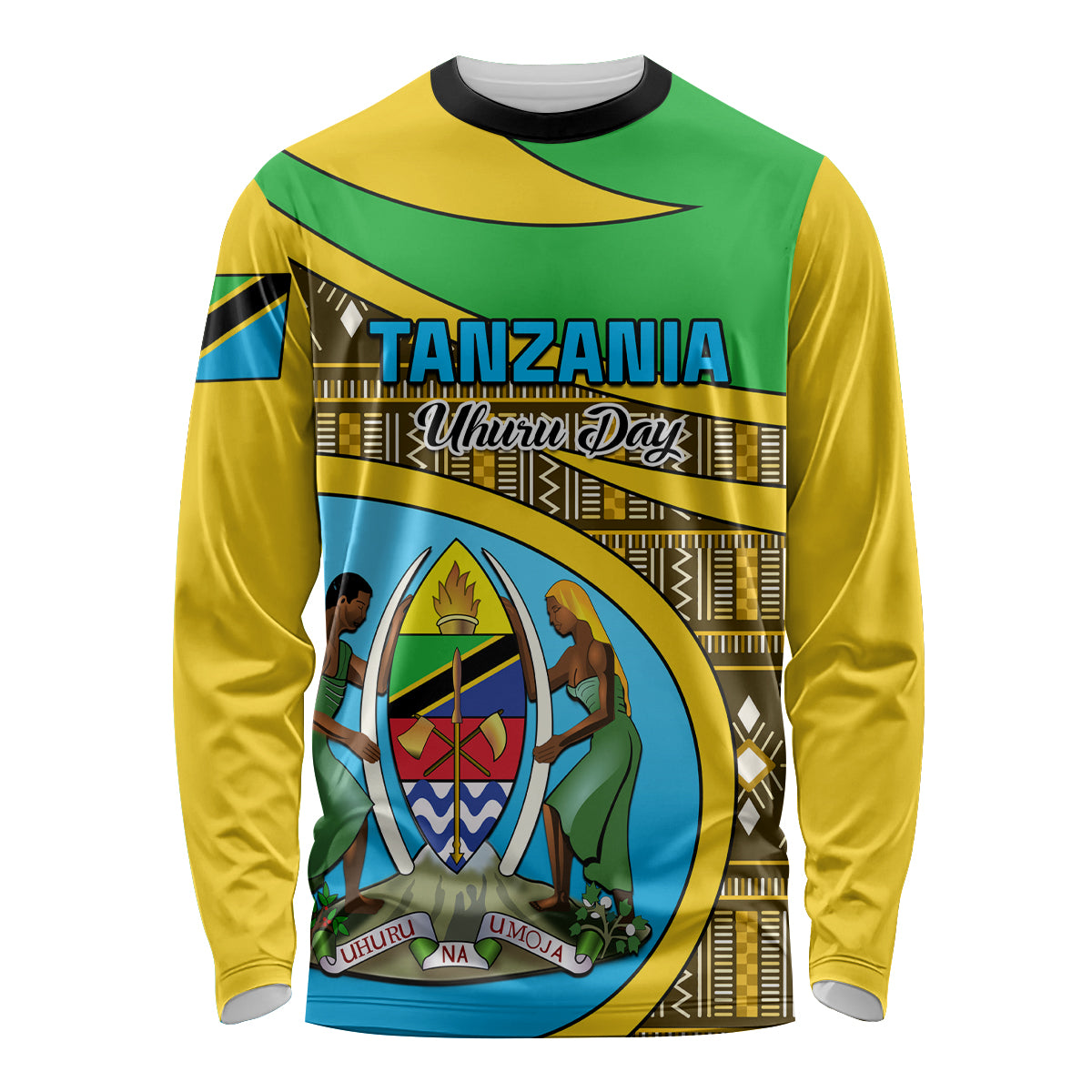 Personalised Tanzania Independence Day Long Sleeve Shirt Tanzanian Coat Of Arms African Pattern - Wonder Print Shop