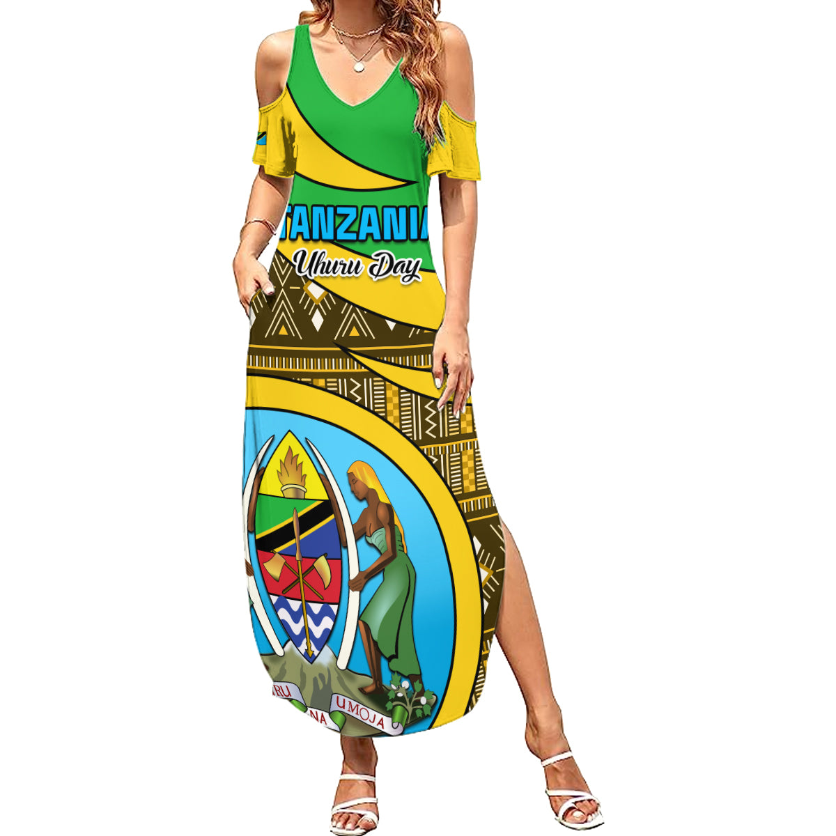 Personalised Tanzania Independence Day Summer Maxi Dress Tanzanian Coat Of Arms African Pattern - Wonder Print Shop