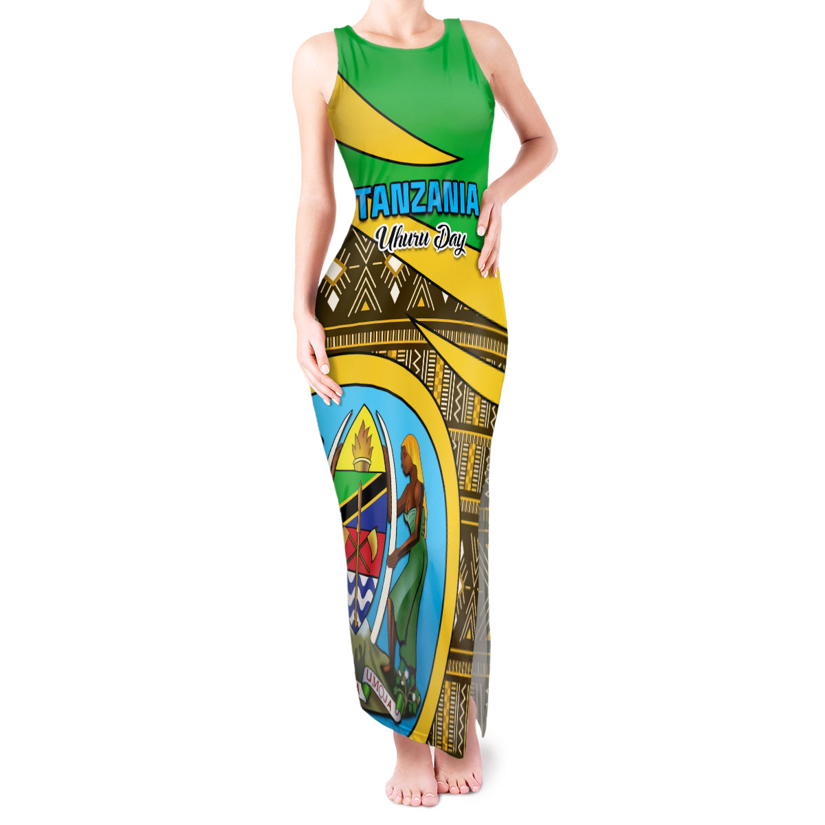 Personalised Tanzania Independence Day Tank Maxi Dress Tanzanian Coat Of Arms African Pattern - Wonder Print Shop