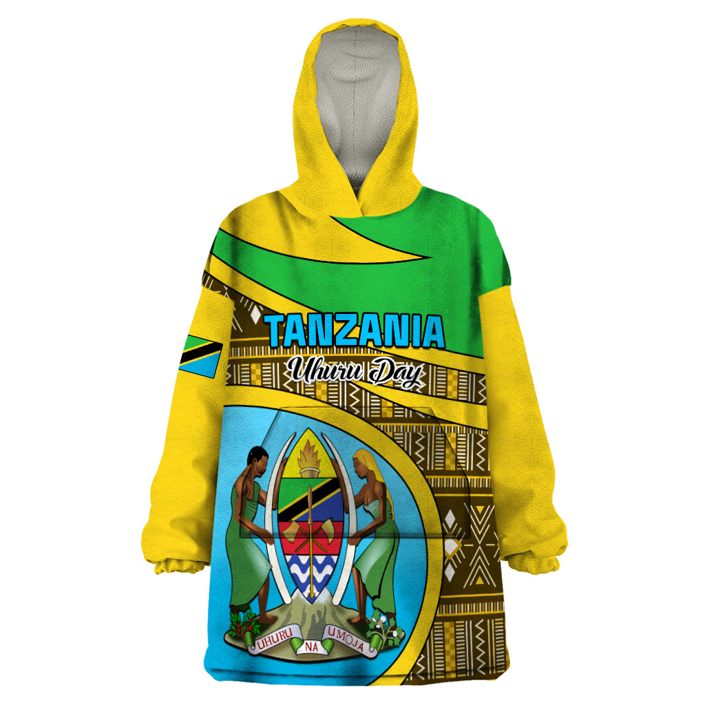 Personalised Tanzania Independence Day Wearable Blanket Hoodie Tanzanian Coat Of Arms African Pattern - Wonder Print Shop