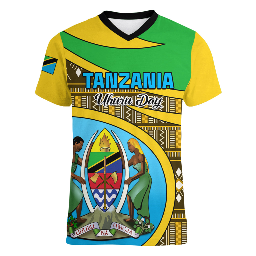 Personalised Tanzania Independence Day Women V Neck T Shirt Tanzanian Coat Of Arms African Pattern - Wonder Print Shop