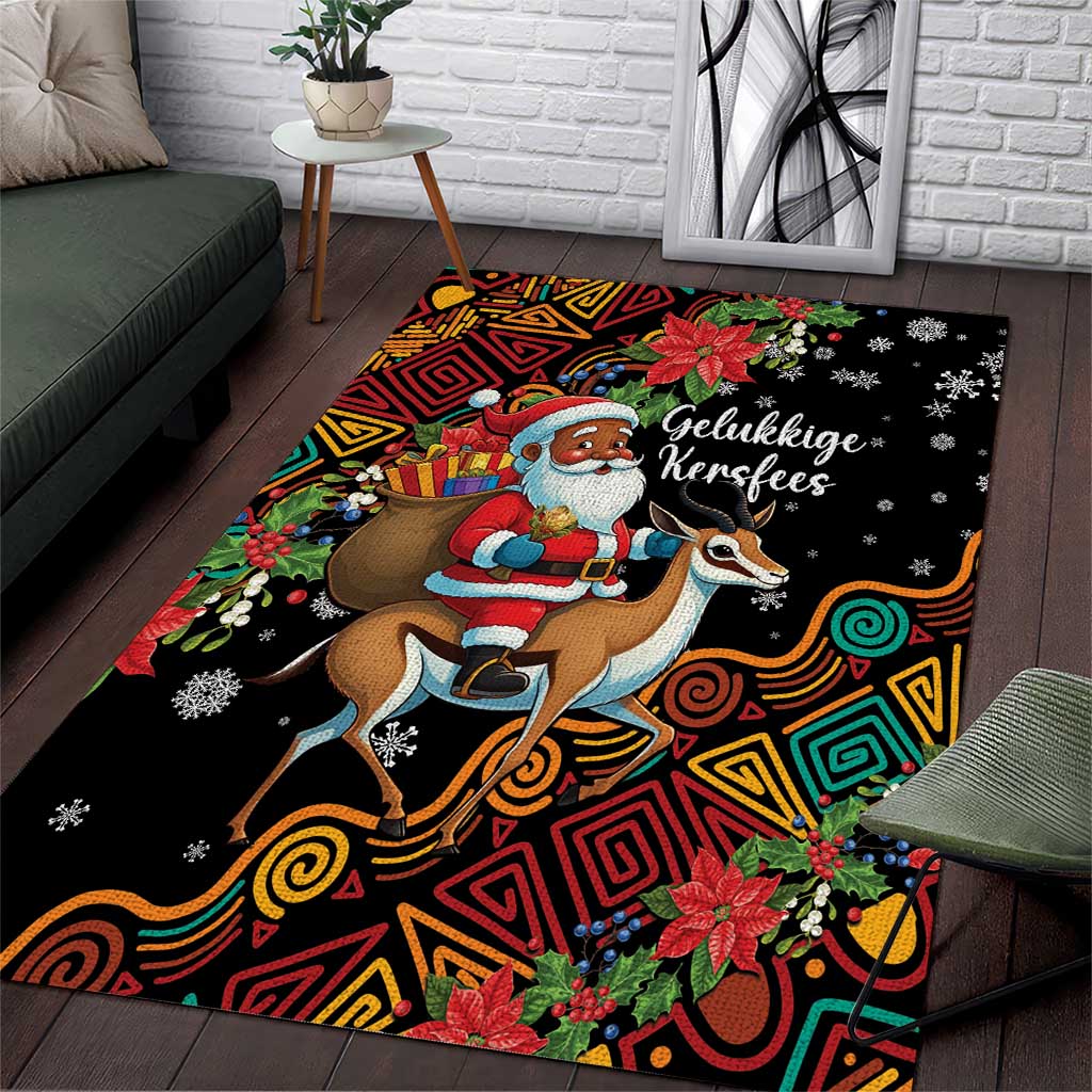 Black Christmas area rug: Santa on springbok with colorful tribal border and snowflakes