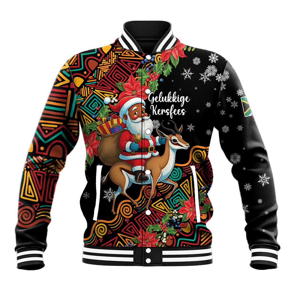 Black varsity baseball jacket, colorful Christmas graphic of Santa on springbok, ribbed cuffs