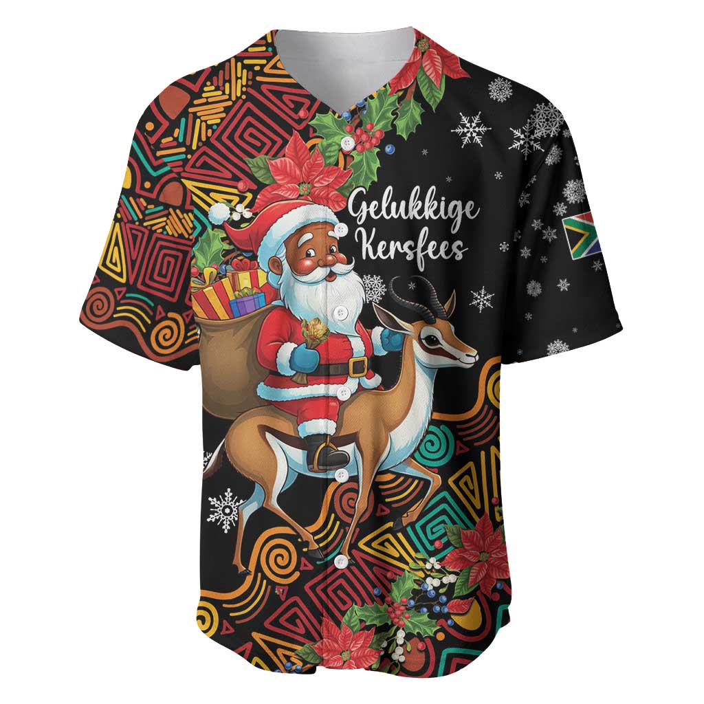 Black Christmas baseball jersey with Santa riding antelope, colorful patterned design