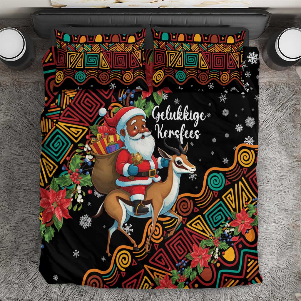 Black Christmas bedding set with Santa Claus riding a springbok on colorful geometric pattern