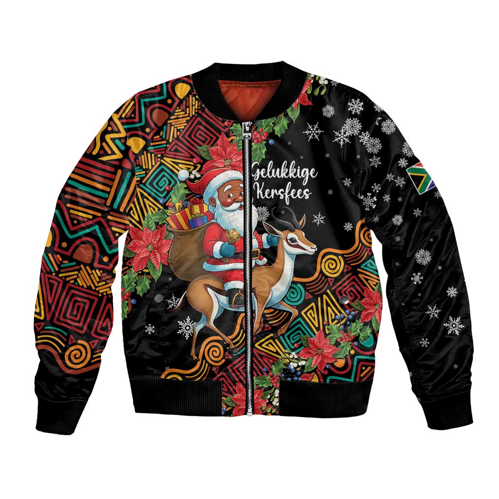 Unisex Christmas bomber jacket, black with colorful tribal prints, Santa and snowflakes