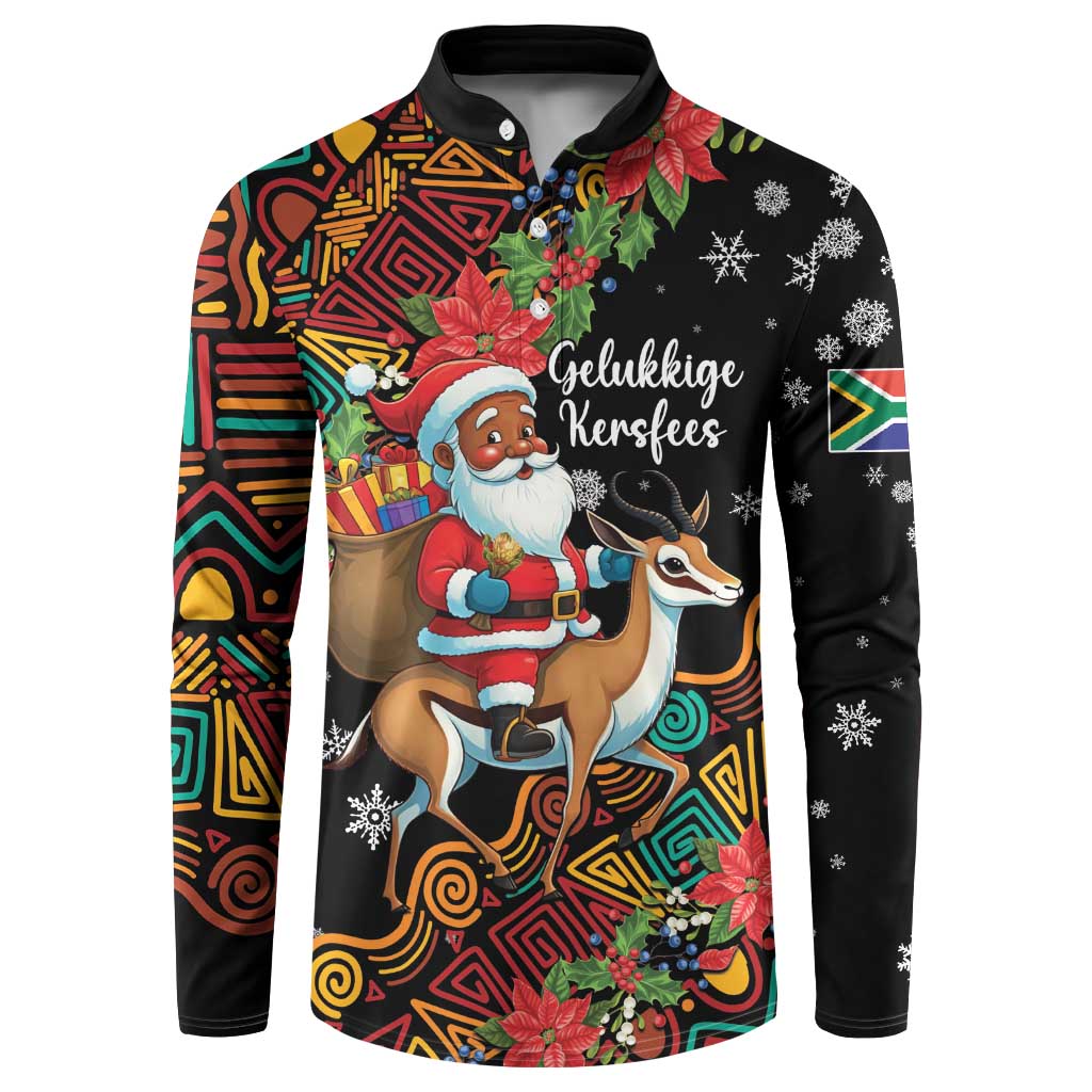 Black button-front Christmas sweatshirt with Santa riding antelope graphic and snowflakes