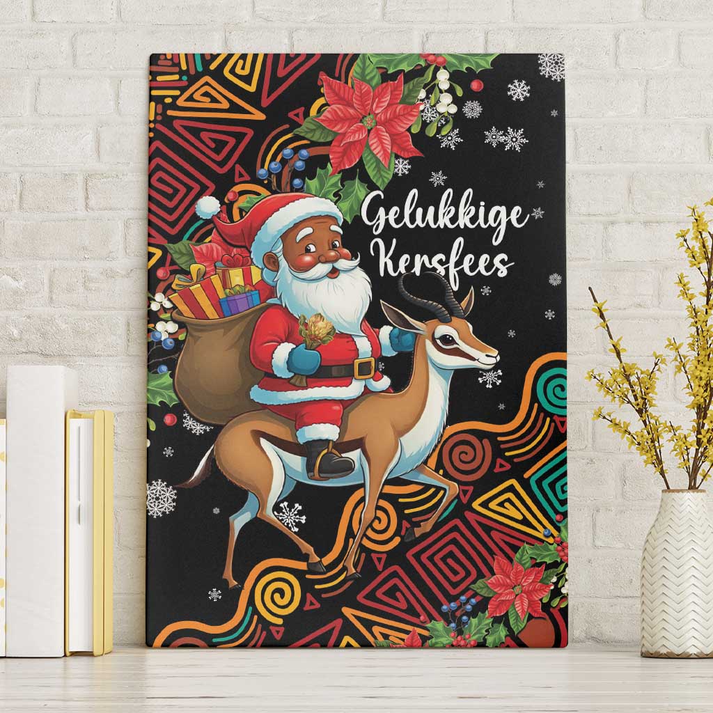 Colorful canvas wall art with Santa riding a springbok, poinsettias, snowflakes, “Gelukkige Kersfees”
