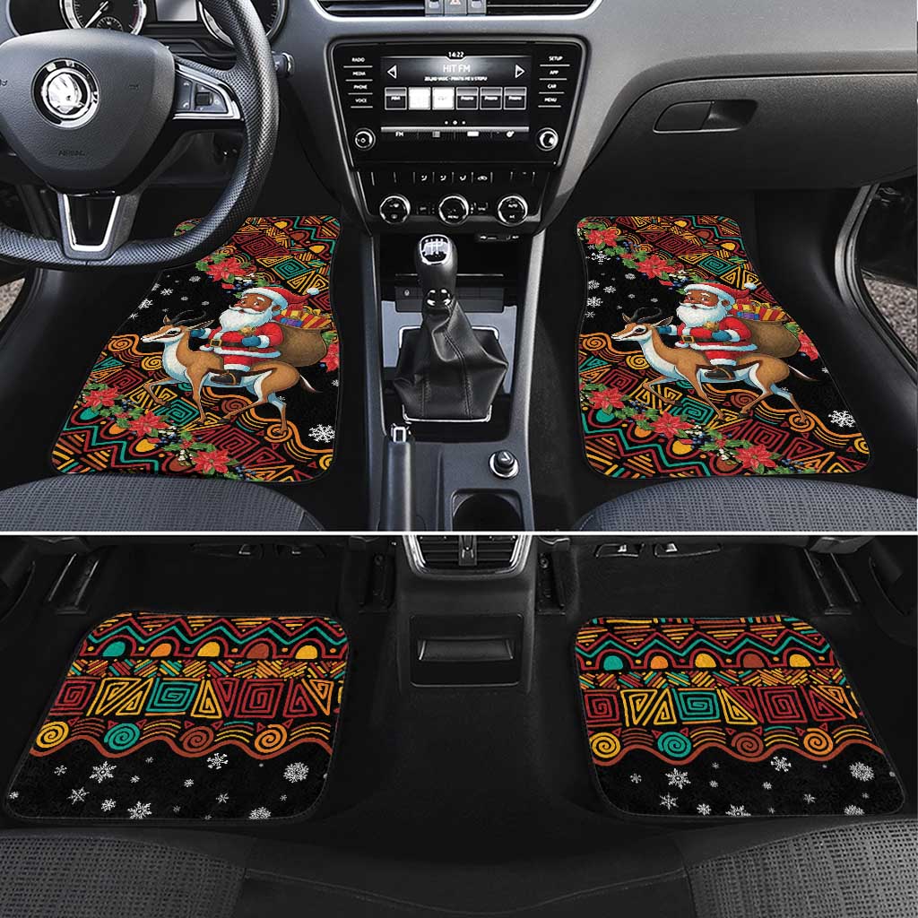 Car floor mat set with Santa on reindeer, colorful geometric design on black