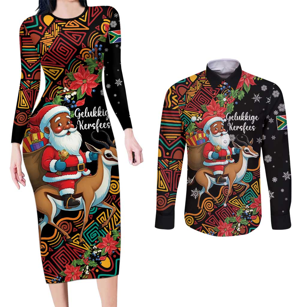 South Africa Christmas Couples Matching Long Sleeve Bodycon Dress and Long Sleeve Button Shirt Black Santa Claus Riding Springbok - Wonder Print Shop