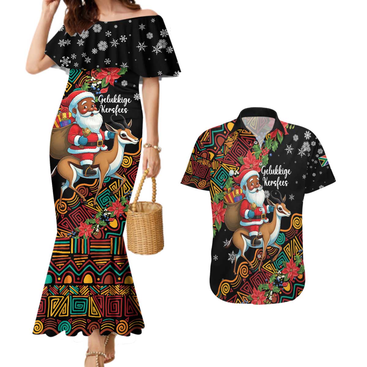 South Africa Christmas Couples Matching Mermaid Dress and Hawaiian Shirt Black Santa Claus Riding Springbok - Wonder Print Shop