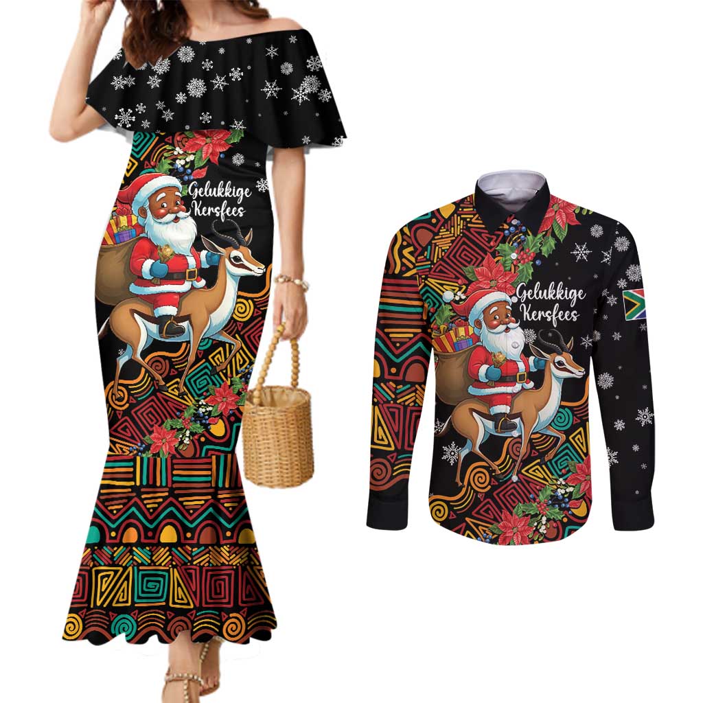 South Africa Christmas Couples Matching Mermaid Dress and Long Sleeve Button Shirt Black Santa Claus Riding Springbok