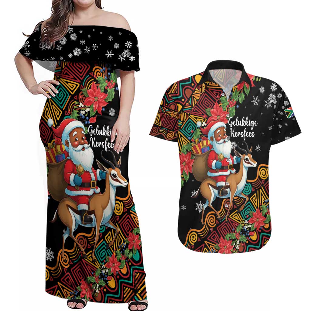 South Africa Christmas Couples Matching Off Shoulder Maxi Dress and Hawaiian Shirt Black Santa Claus Riding Springbok - Wonder Print Shop