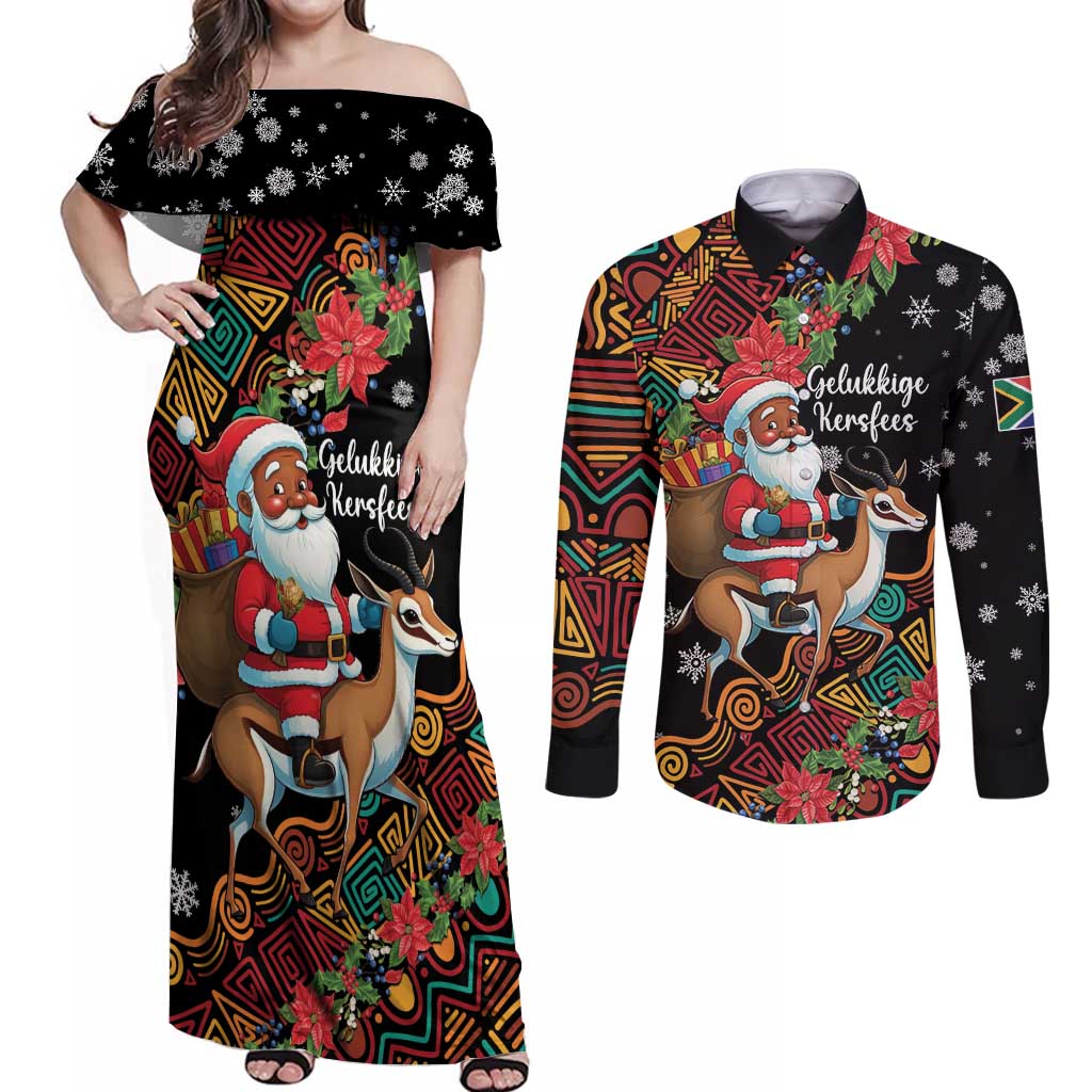 South Africa Christmas Couples Matching Off Shoulder Maxi Dress and Long Sleeve Button Shirt Black Santa Claus Riding Springbok - Wonder Print Shop