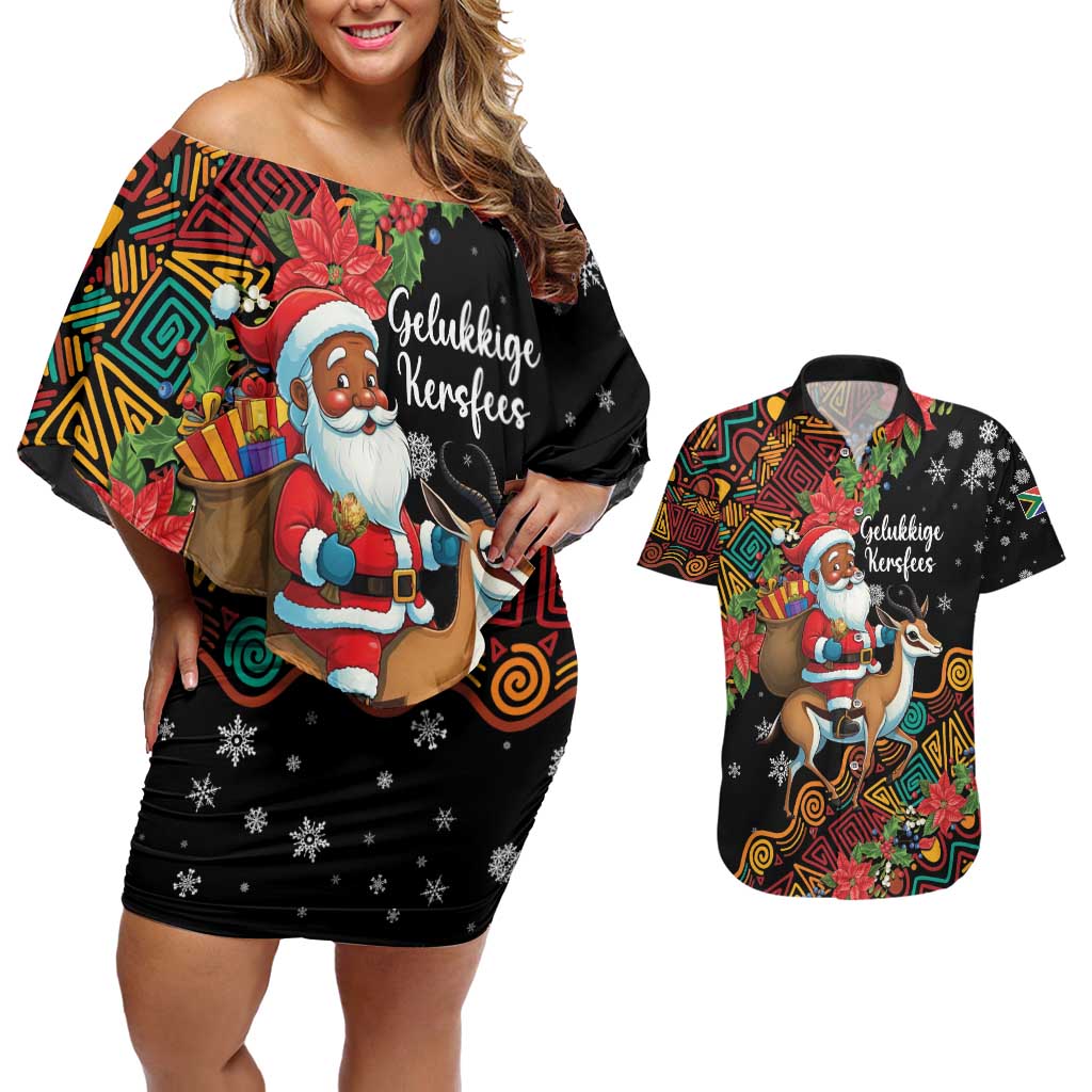 South Africa Christmas Couples Matching Off Shoulder Short Dress and Hawaiian Shirt Black Santa Claus Riding Springbok - Wonder Print Shop