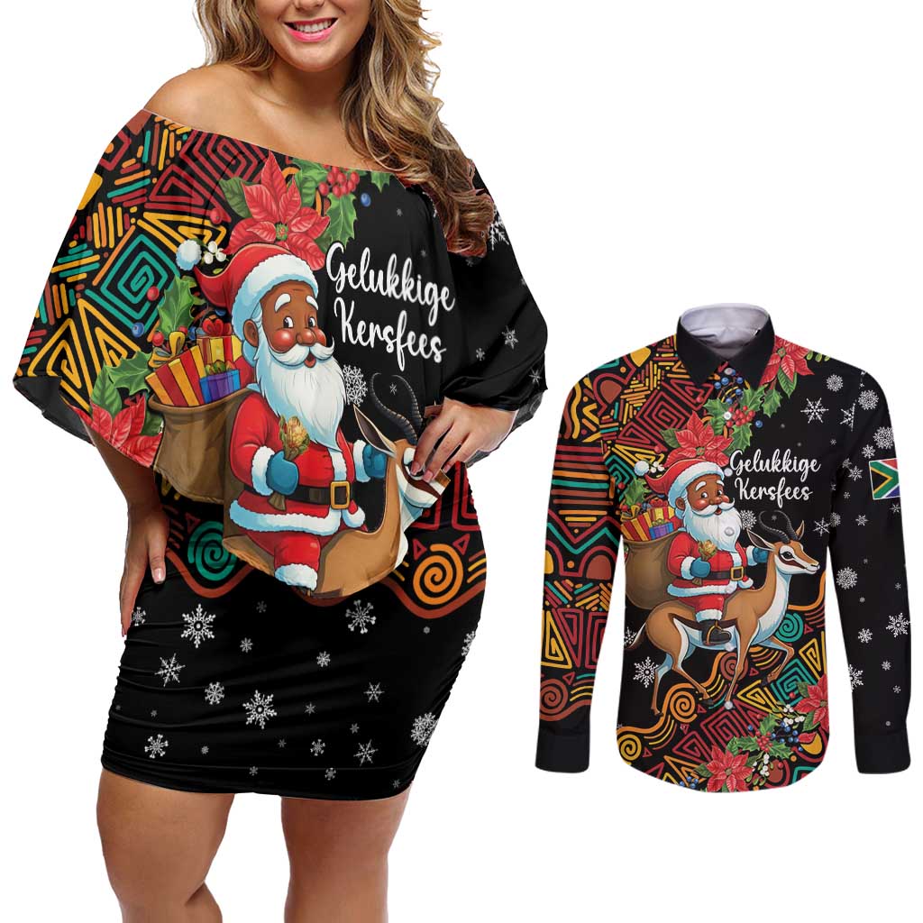 South Africa Christmas Couples Matching Off Shoulder Short Dress and Long Sleeve Button Shirt Black Santa Claus Riding Springbok - Wonder Print Shop