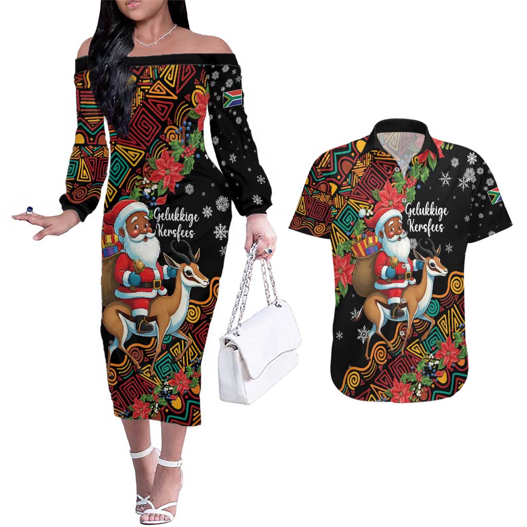 South Africa Christmas Couples Matching Off The Shoulder Long Sleeve Dress and Hawaiian Shirt Black Santa Claus Riding Springbok - Wonder Print Shop