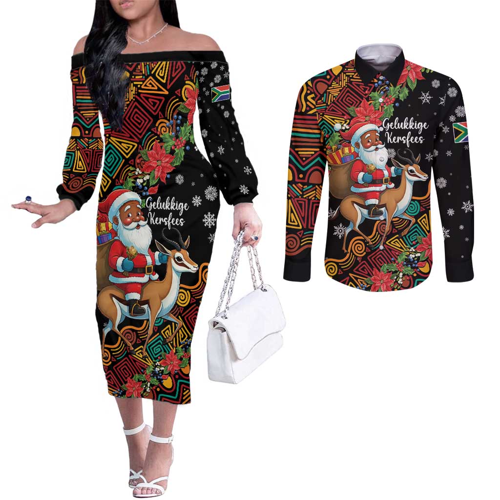 South Africa Christmas Couples Matching Off The Shoulder Long Sleeve Dress and Long Sleeve Button Shirt Black Santa Claus Riding Springbok