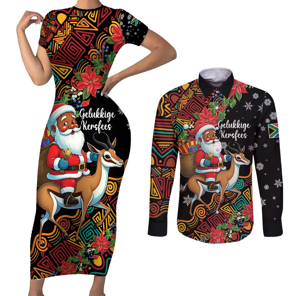 South Africa Christmas Couples Matching Short Sleeve Bodycon Dress and Long Sleeve Button Shirt Black Santa Claus Riding Springbok - Wonder Print Shop