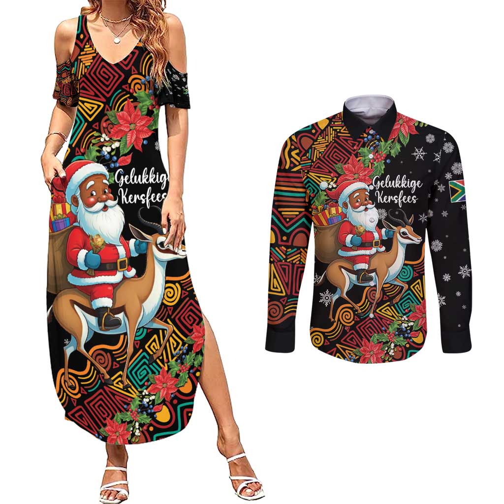 South Africa Christmas Couples Matching Summer Maxi Dress and Long Sleeve Button Shirt Black Santa Claus Riding Springbok - Wonder Print Shop