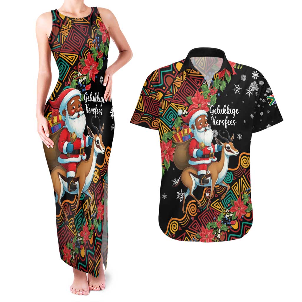 South Africa Christmas Couples Matching Tank Maxi Dress and Hawaiian Shirt Black Santa Claus Riding Springbok - Wonder Print Shop