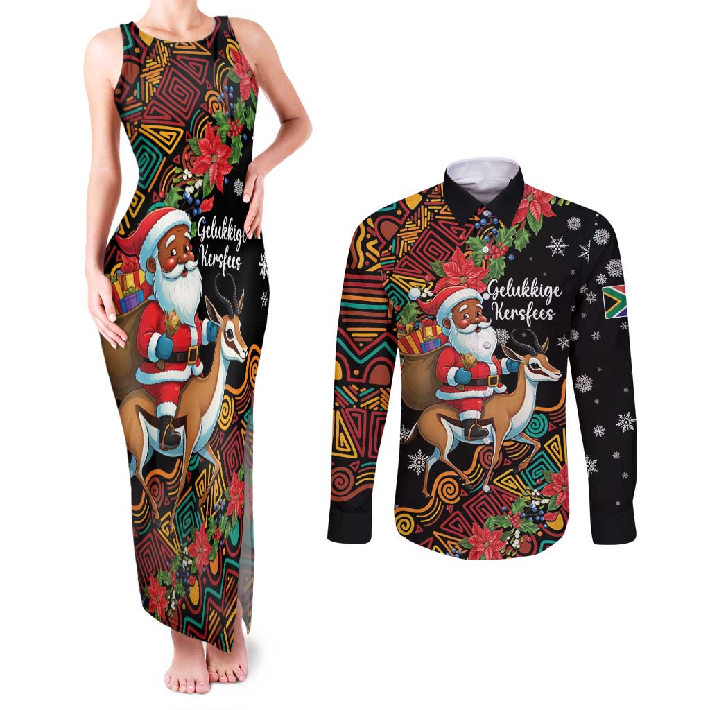 South Africa Christmas Couples Matching Tank Maxi Dress and Long Sleeve Button Shirt Black Santa Claus Riding Springbok - Wonder Print Shop