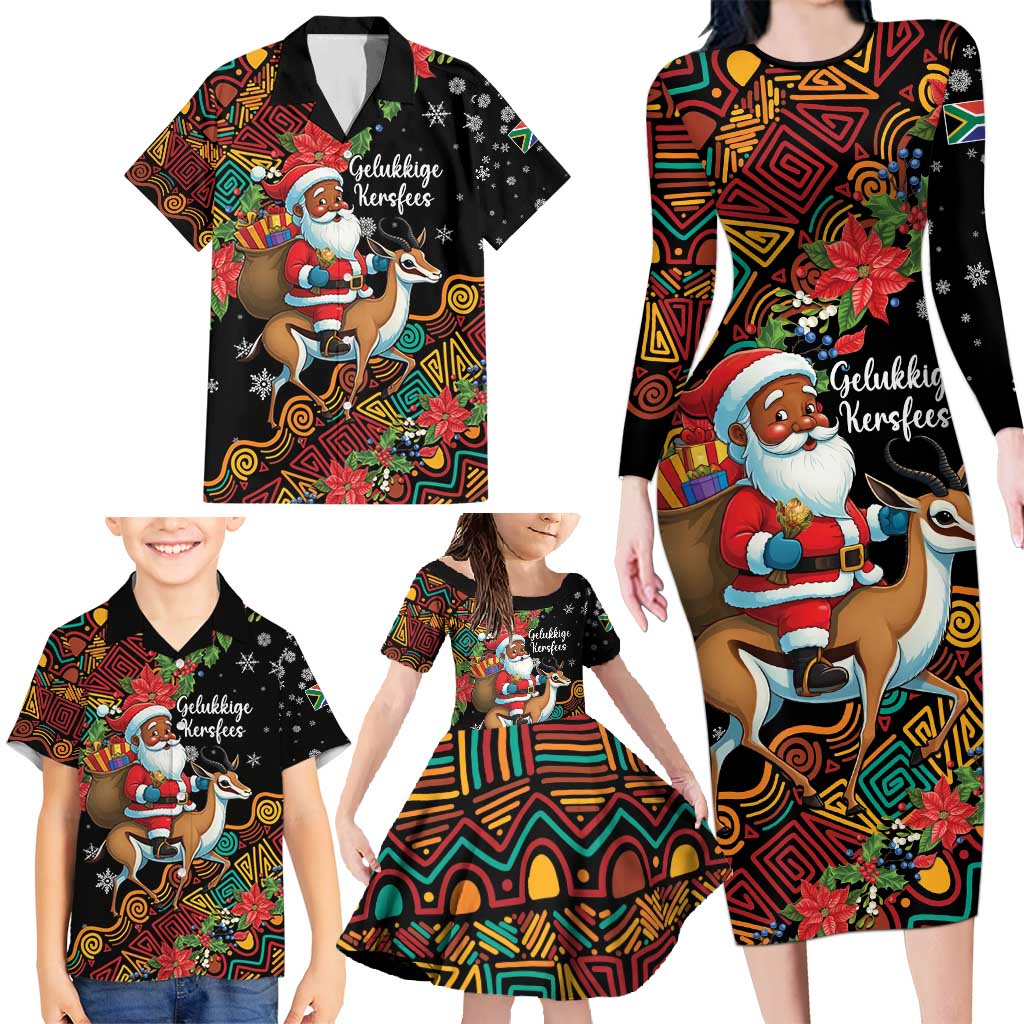 South Africa Christmas Family Matching Long Sleeve Bodycon Dress and Hawaiian Shirt Black Santa Claus Riding Springbok - Wonder Print Shop