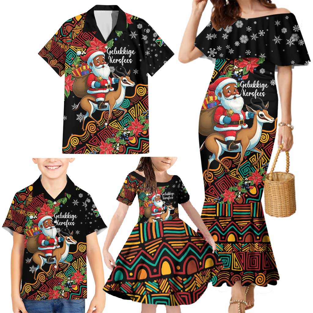 South Africa Christmas Family Matching Mermaid Dress and Hawaiian Shirt Black Santa Claus Riding Springbok - Wonder Print Shop