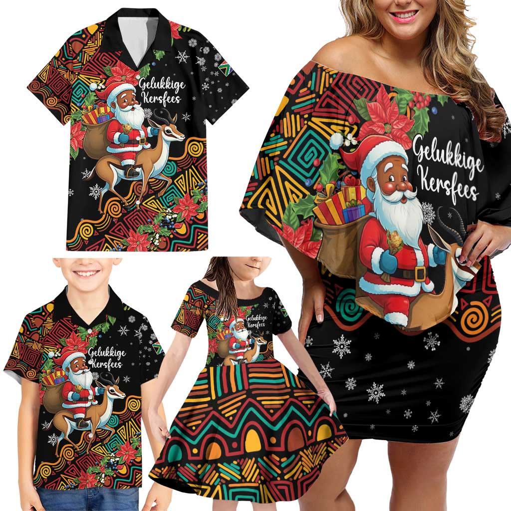 South Africa Christmas Family Matching Off Shoulder Short Dress and Hawaiian Shirt Black Santa Claus Riding Springbok - Wonder Print Shop