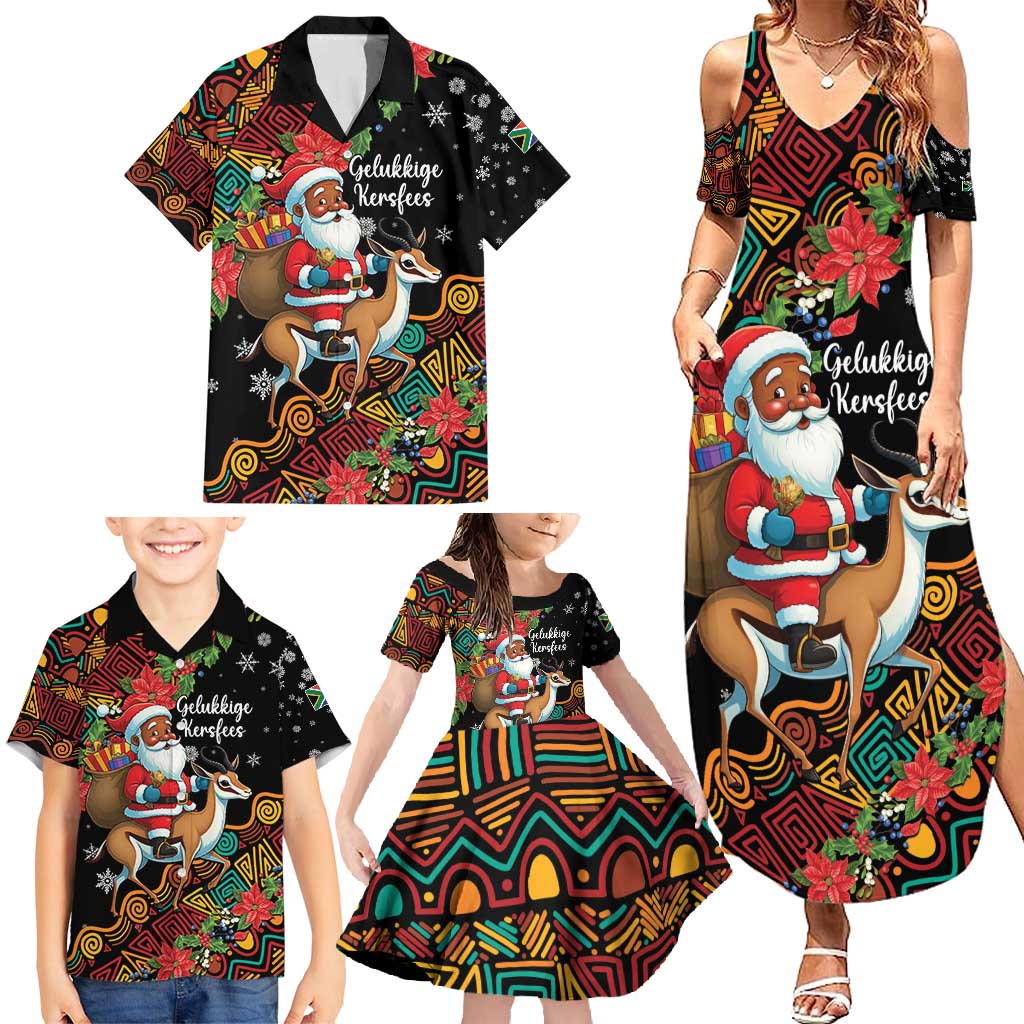 South Africa Christmas Family Matching Summer Maxi Dress and Hawaiian Shirt Black Santa Claus Riding Springbok - Wonder Print Shop