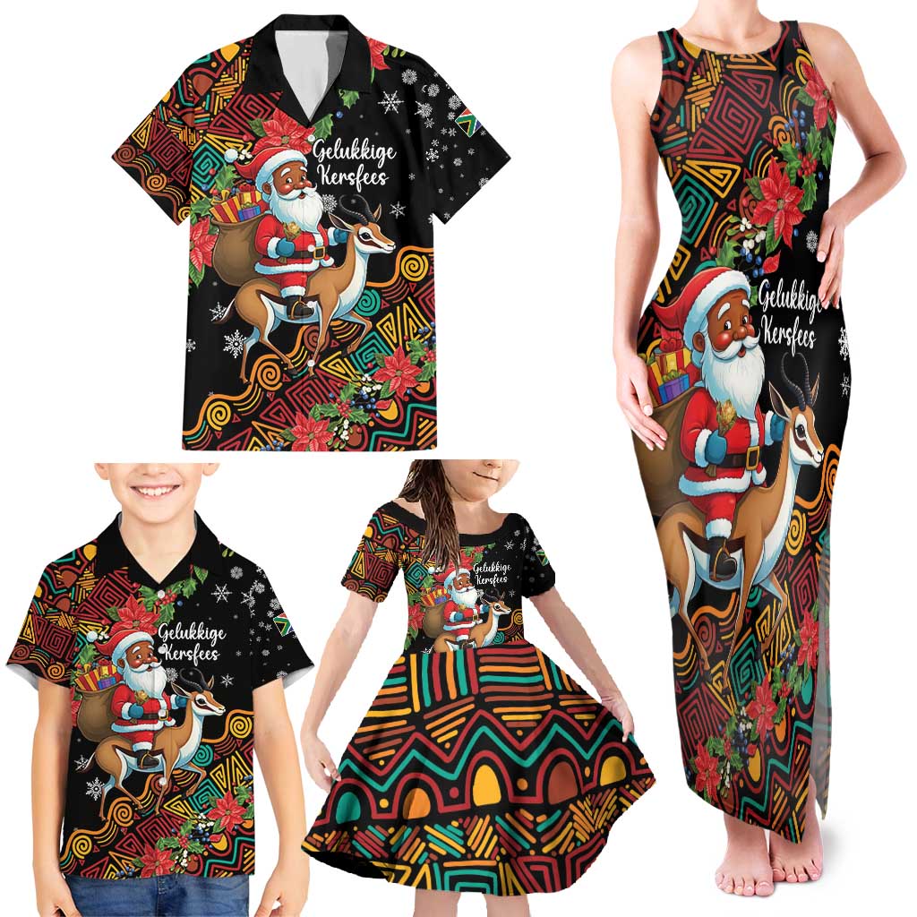 South Africa Christmas Family Matching Tank Maxi Dress and Hawaiian Shirt Black Santa Claus Riding Springbok - Wonder Print Shop