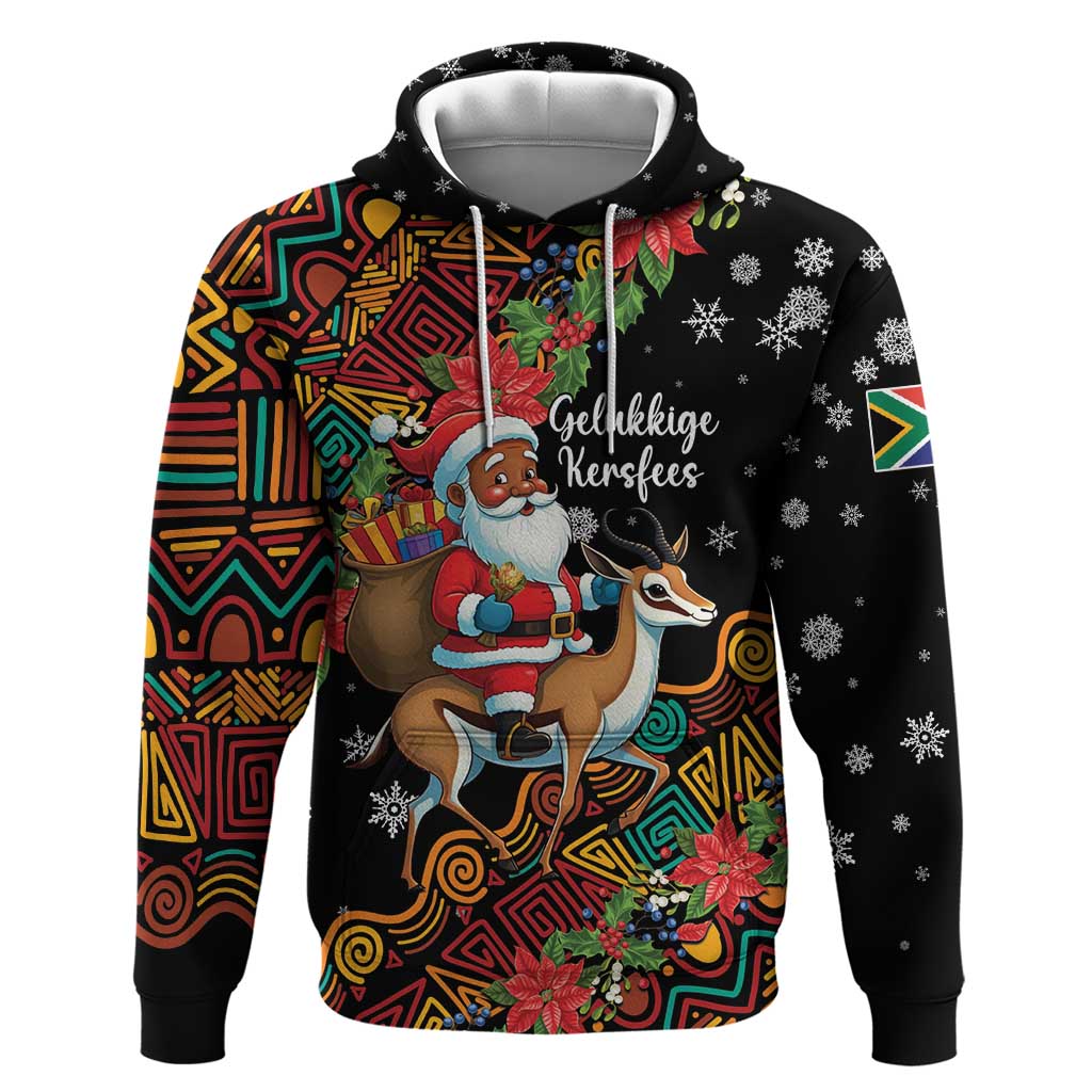 Black Christmas pullover hoodie with Santa riding springbok graphic, full-color front