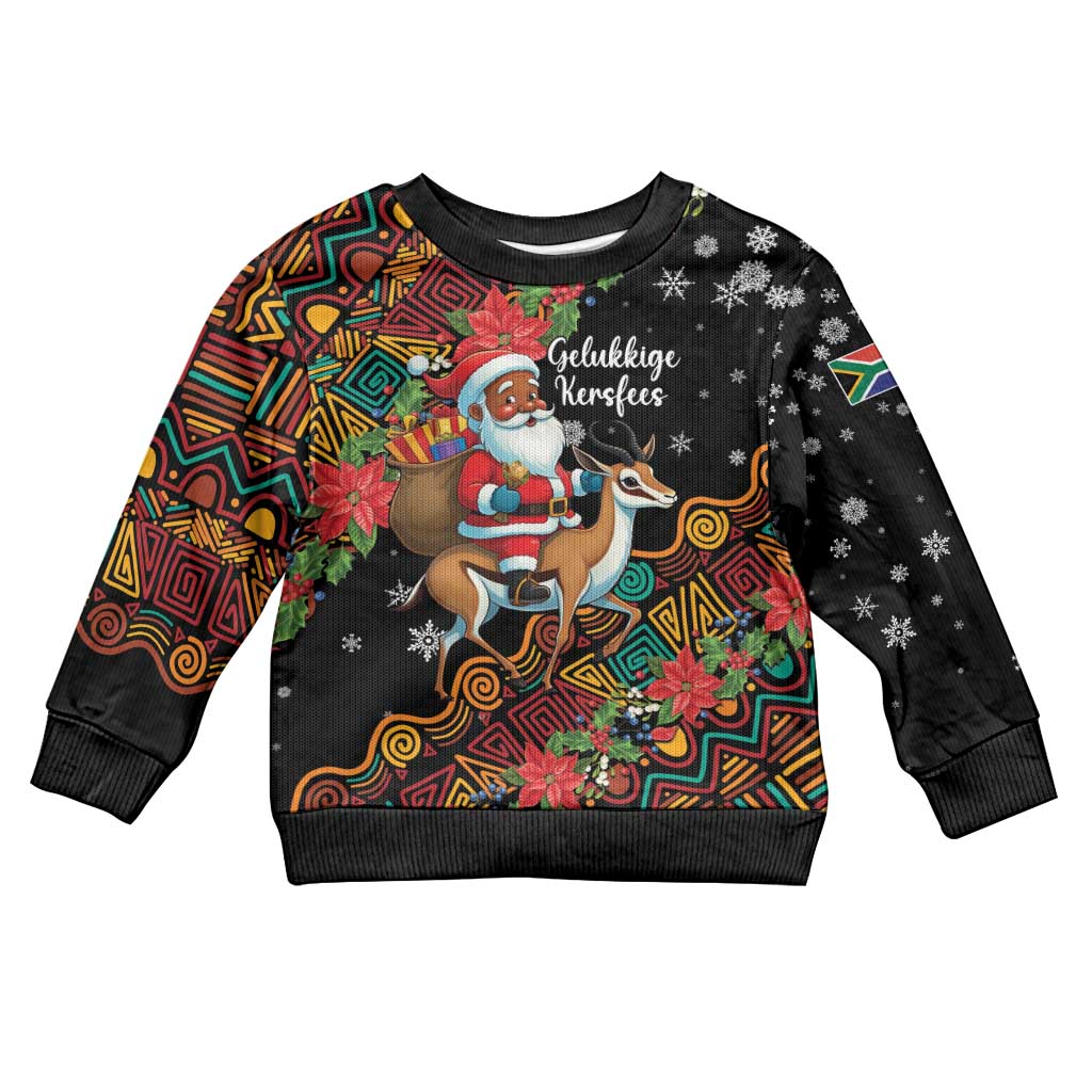 South Africa Christmas Kid Ugly Christmas Sweater Black Santa Claus Riding Springbok - Wonder Print Shop