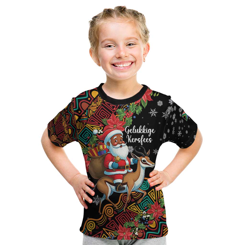 South Africa Christmas Kid T Shirt Black Santa Claus Riding Springbok - Wonder Print Shop