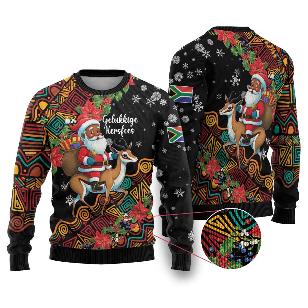Black Christmas ugly sweater: Santa on springbok, colorful geometric print, snowflake details