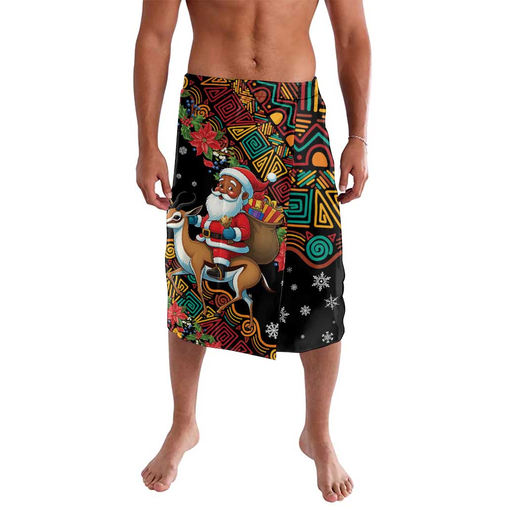 Men's Christmas lavalava, black with colorful tribal print, Santa riding springbok