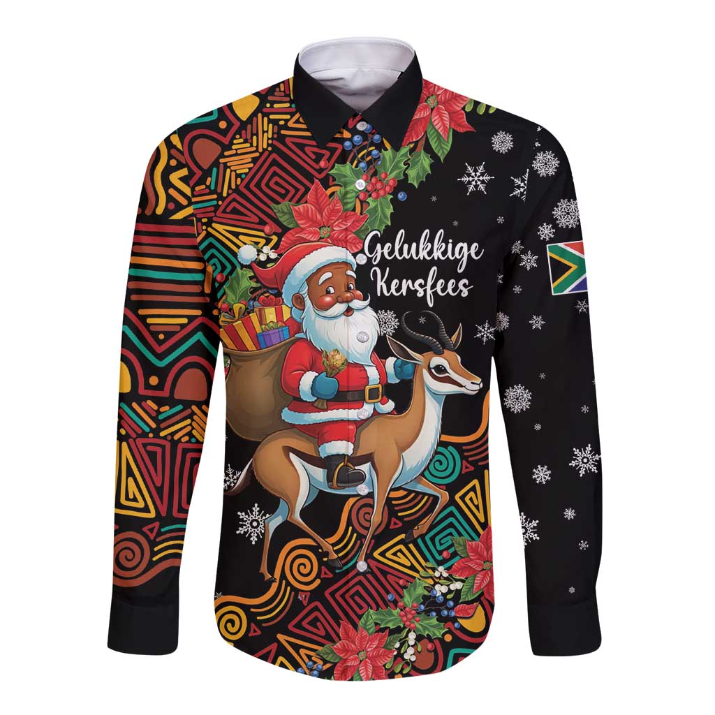 Unisex Christmas long-sleeve button shirt, black with colorful Santa riding springbok art