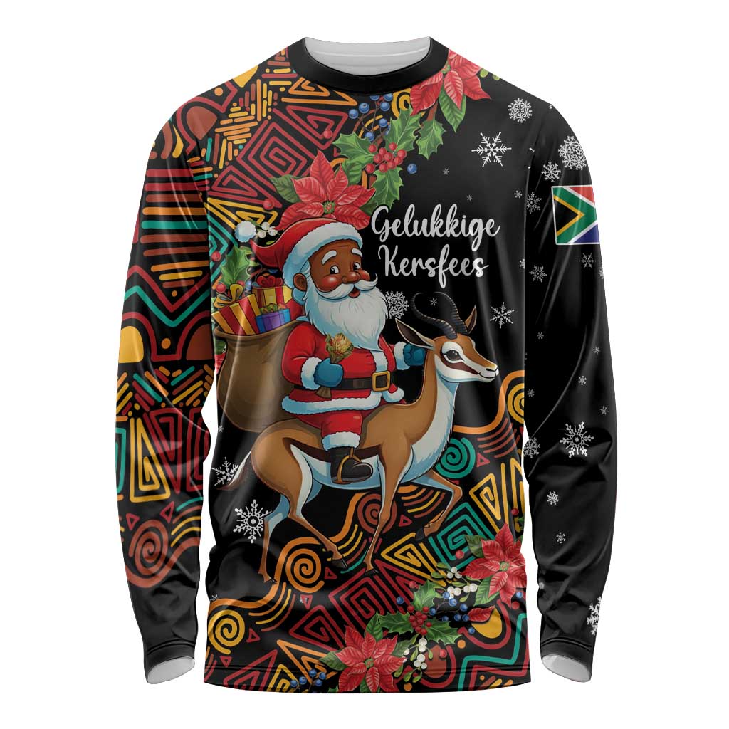 Long sleeve shirt, black with colorful Santa on springbok and geometric holiday print