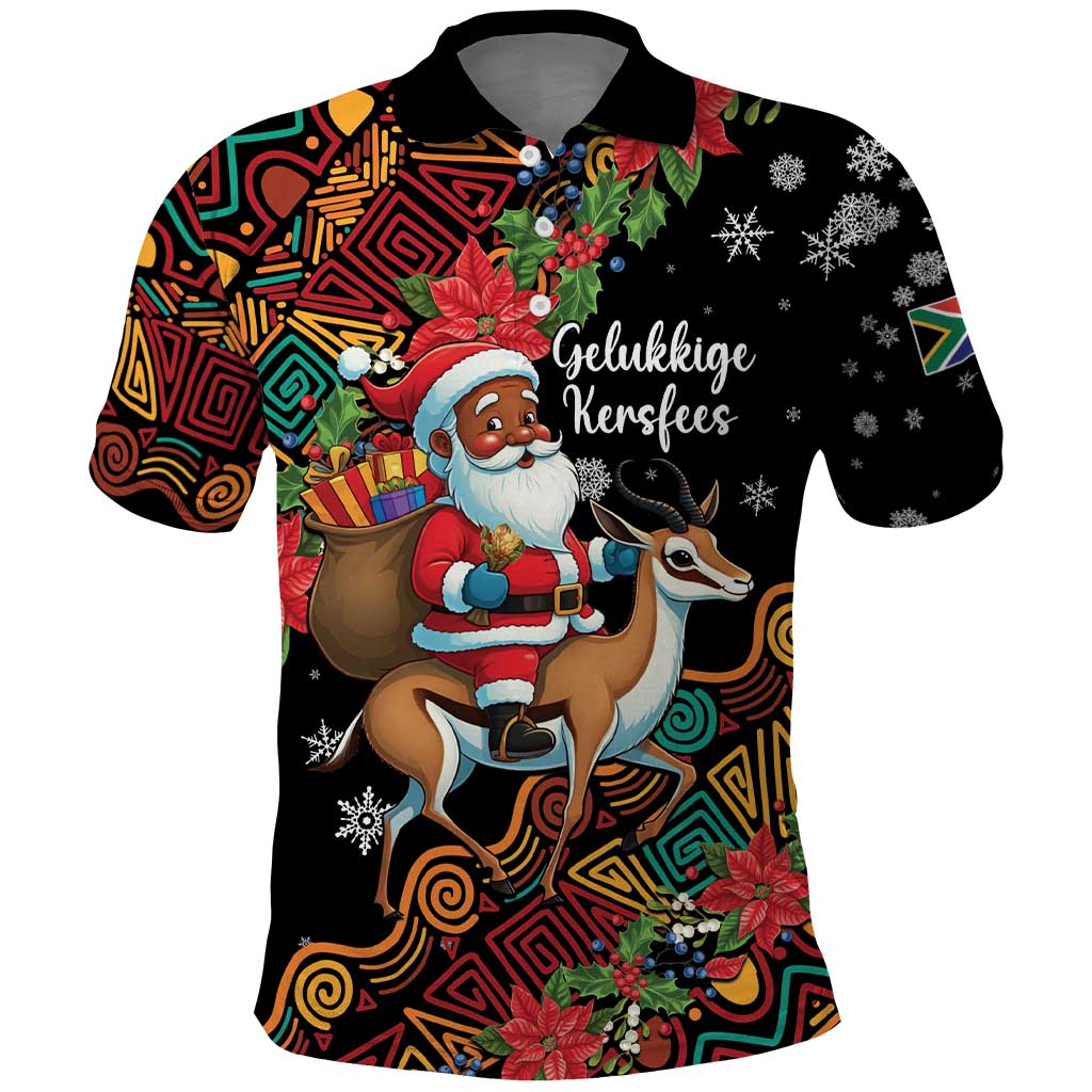 Black Christmas polo shirt with Santa riding springbok graphic and colorful geometric patterns