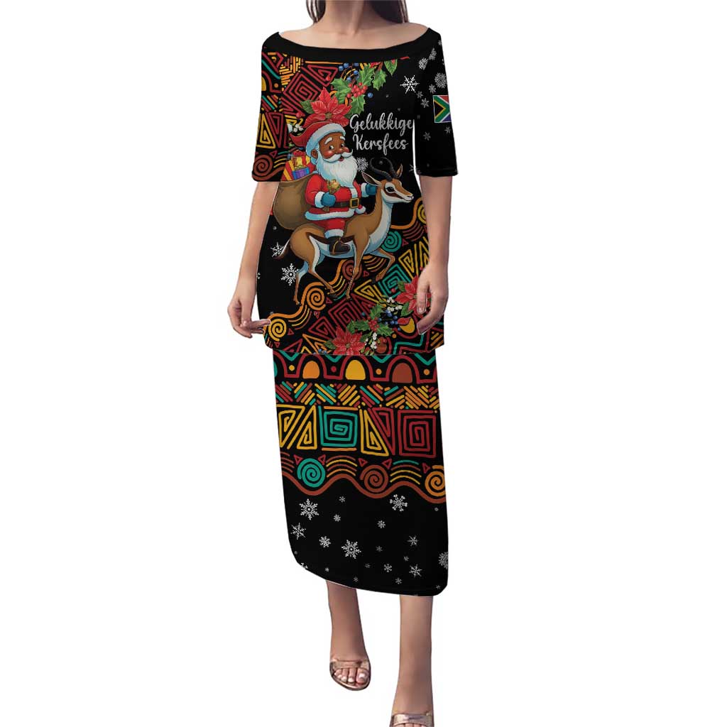 Black long dress with colorful print, Santa riding springbok, short sleeves, crew neck