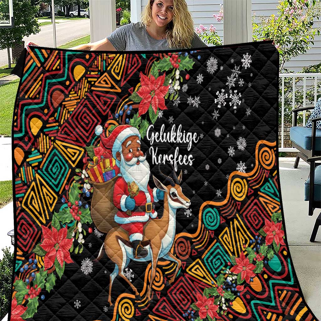 South Africa Christmas quilt, black with Santa riding antelope, poinsettias, snowflakes