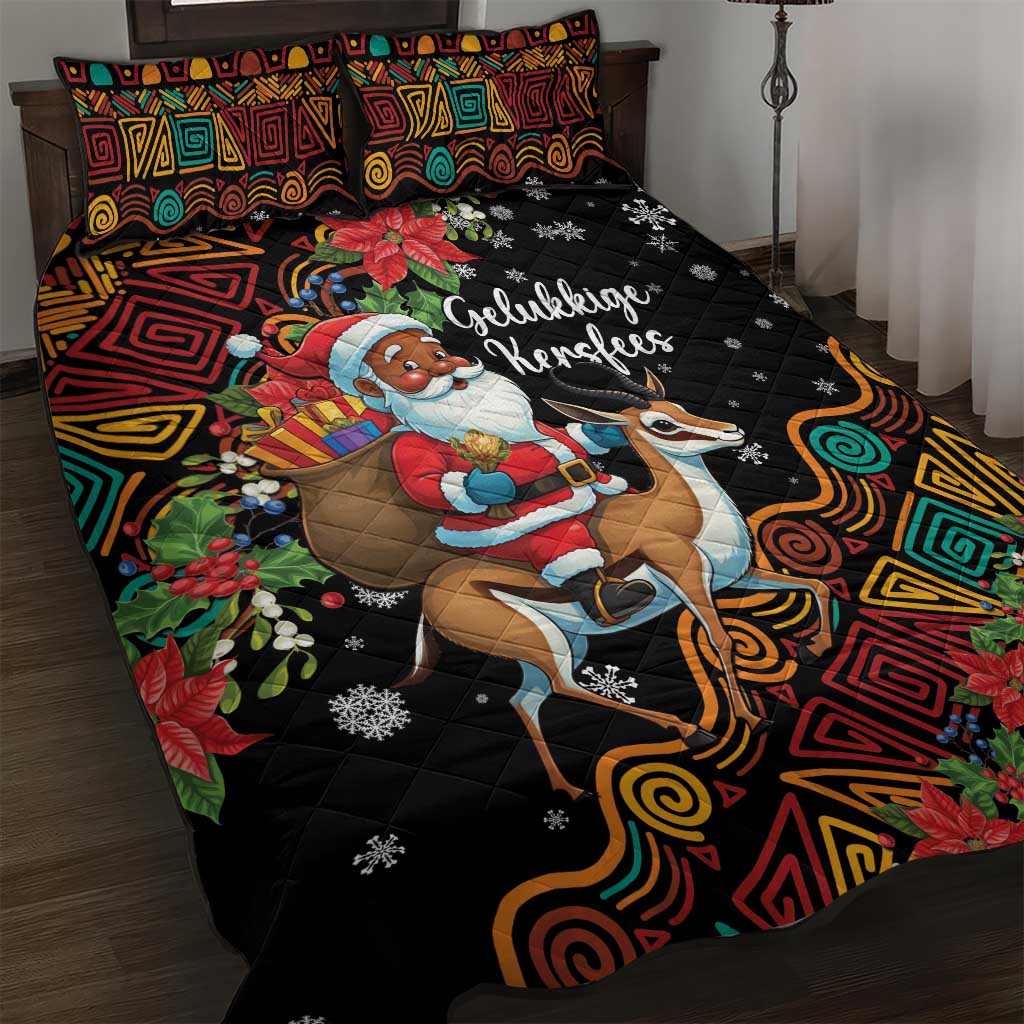 Black Christmas quilt bed set with Santa on reindeer and colorful geometric borders, 2 pillow shams