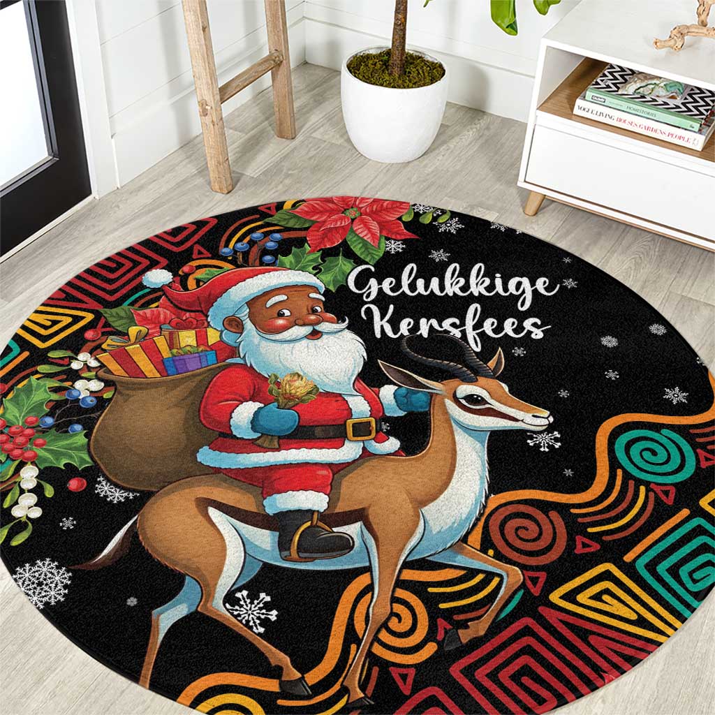 Black round Christmas rug with Santa riding springbok and colorful geometric border